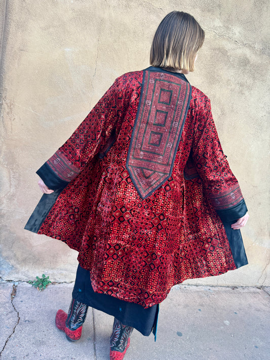 LUXE VELVET RED HAND EMBROIDERED SWING COAT