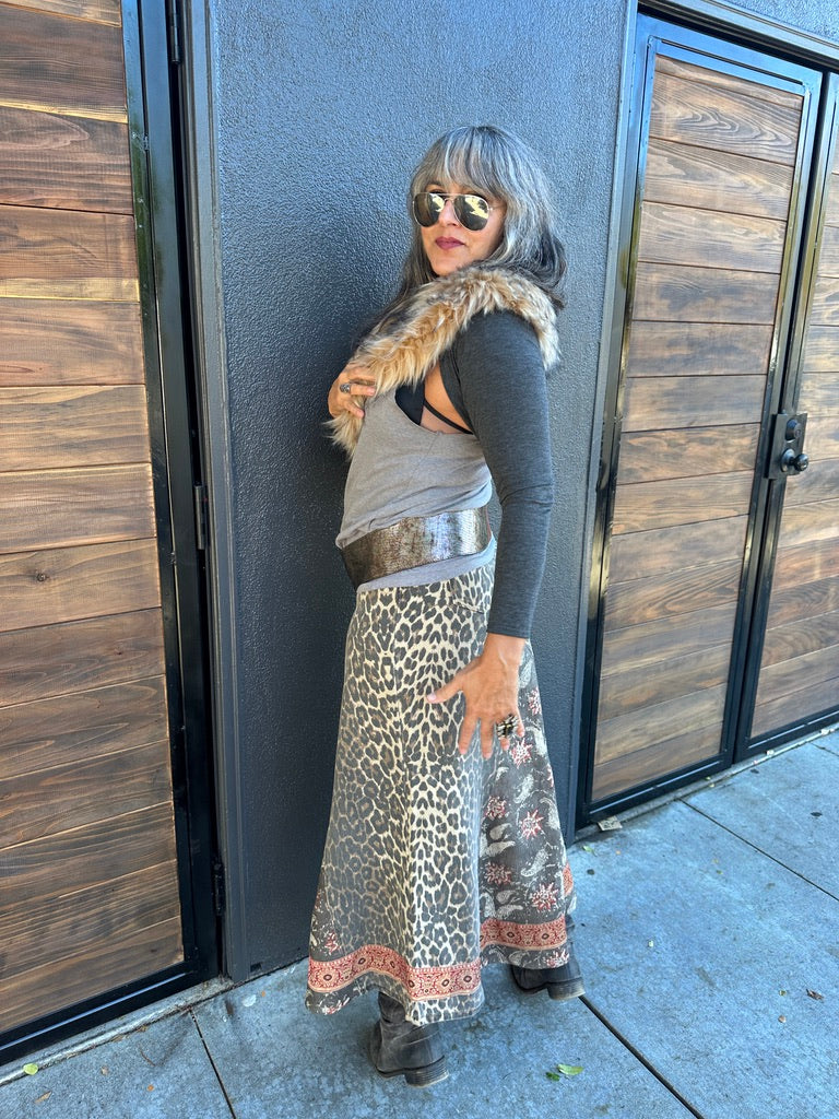 UPCYCLED LEOPARD DENIM SKIRT
