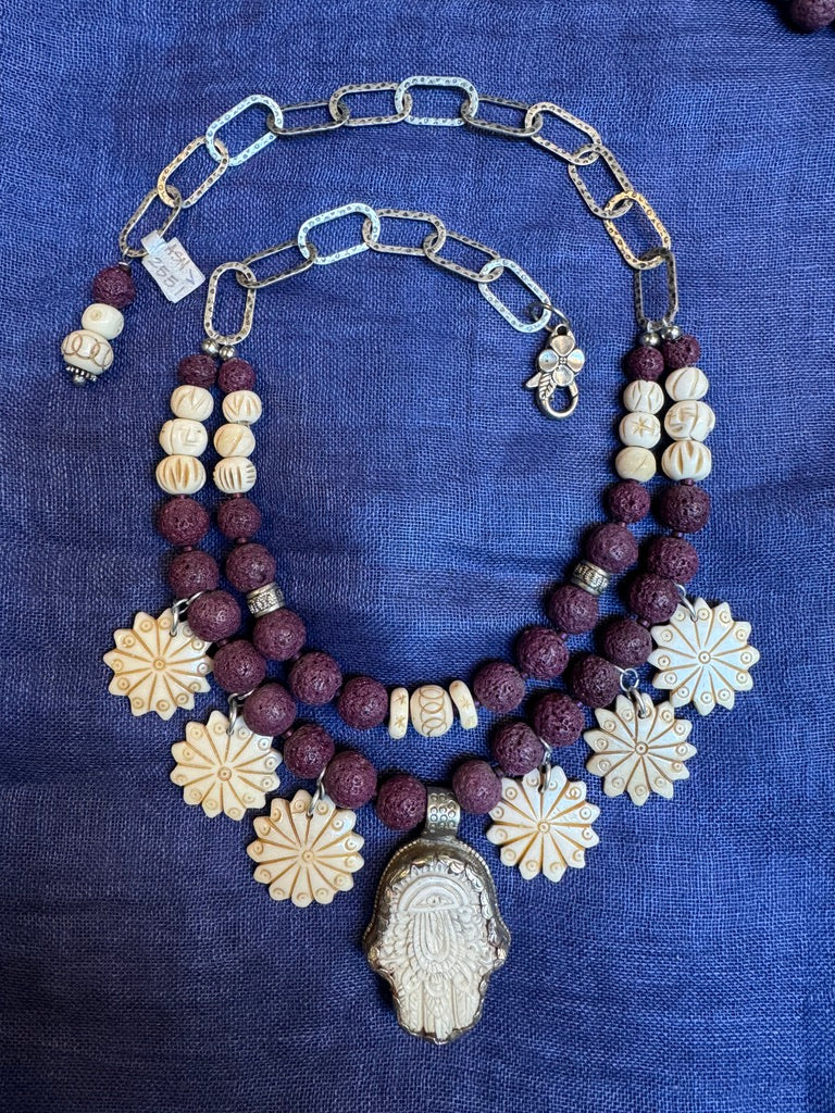 PURPLE LAVA STONE HAMSA NECKLACE