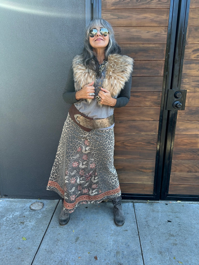 UPCYCLED LEOPARD DENIM SKIRT