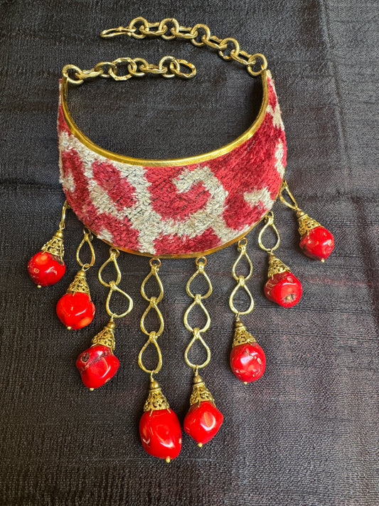 SILK IKAT CORAL NECKPIECE