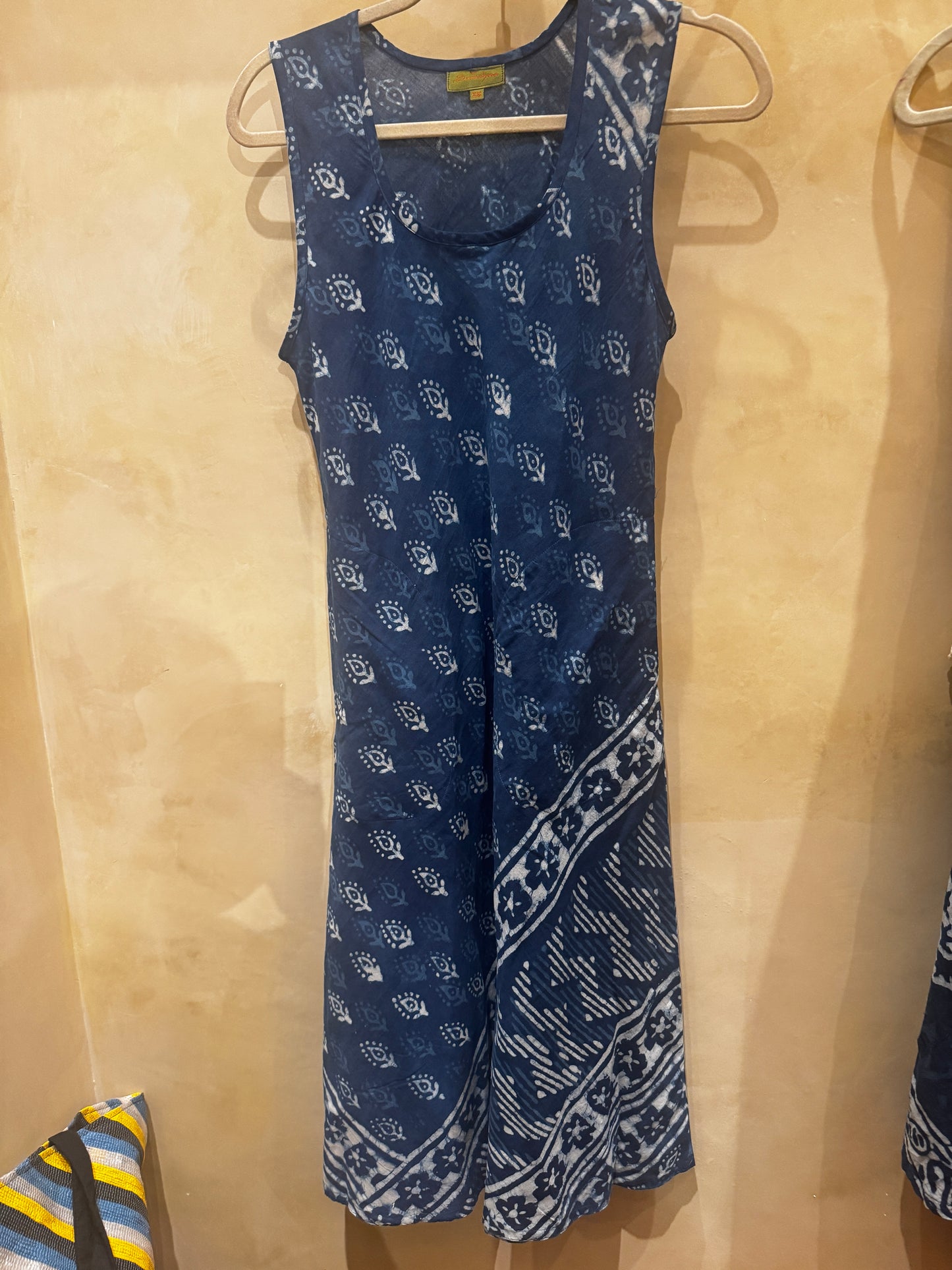 BIAS CUT INDIGO HAND PRINT SLIP DRESS