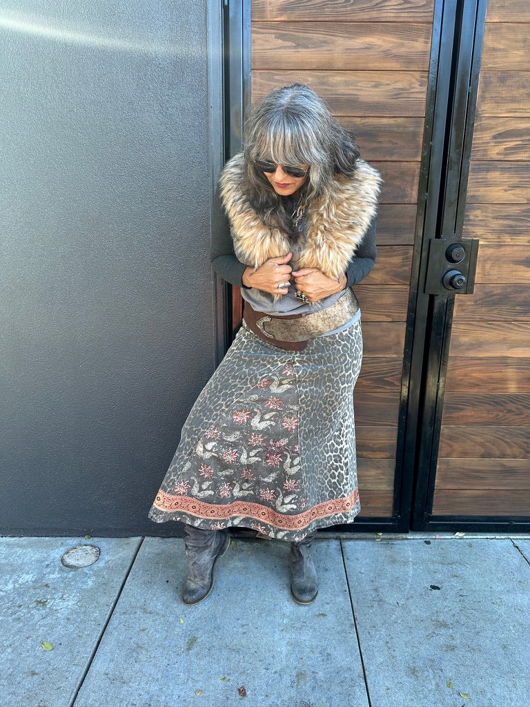 UPCYCLED LEOPARD DENIM SKIRT