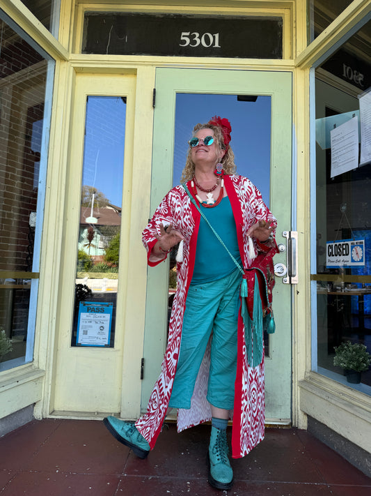 CANDY RED & BRIGHT WHITE IKAT DUSTER
