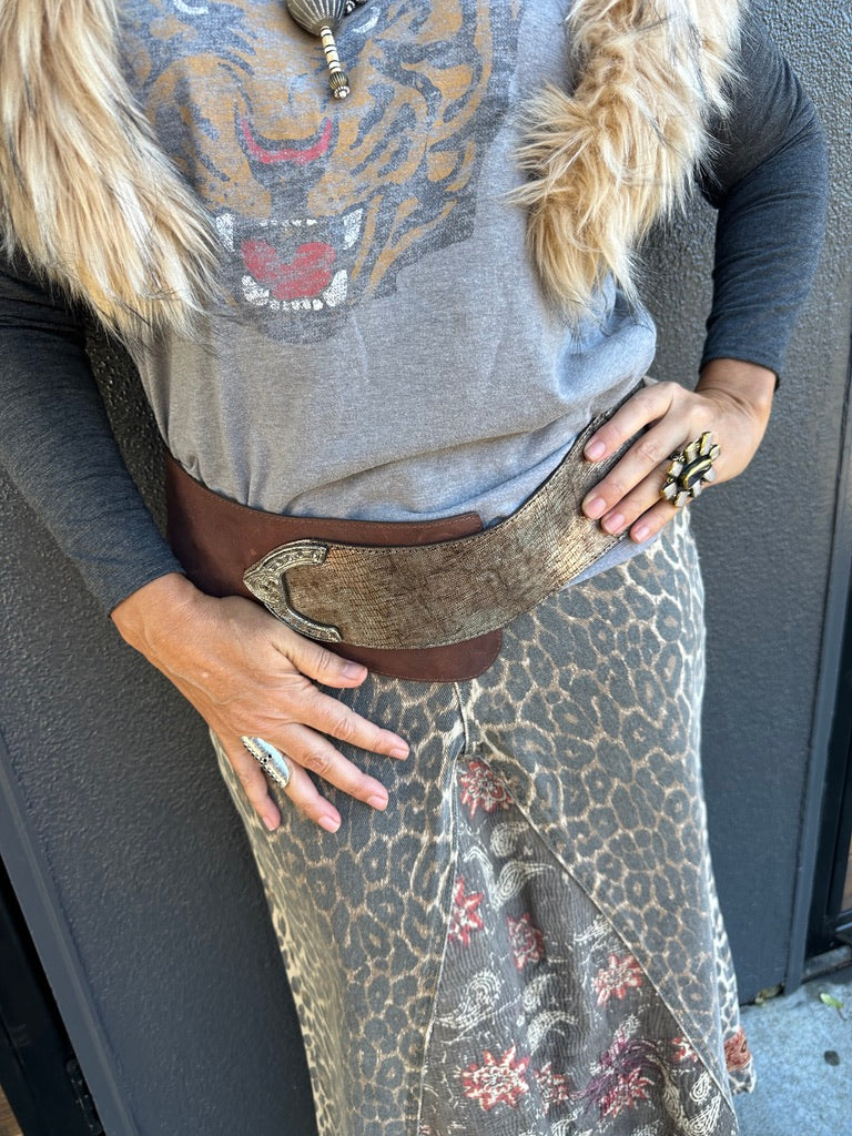 UPCYCLED LEOPARD DENIM SKIRT