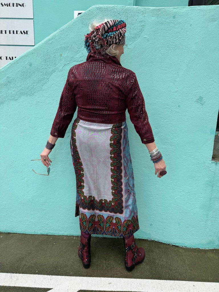 WINE CROCODILE ROCK COLLAGE COAT