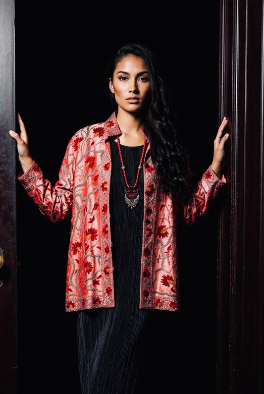 HAND EMBROIDERED PEACH SILK JACKET