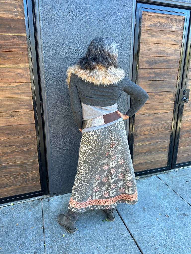 UPCYCLED LEOPARD DENIM SKIRT
