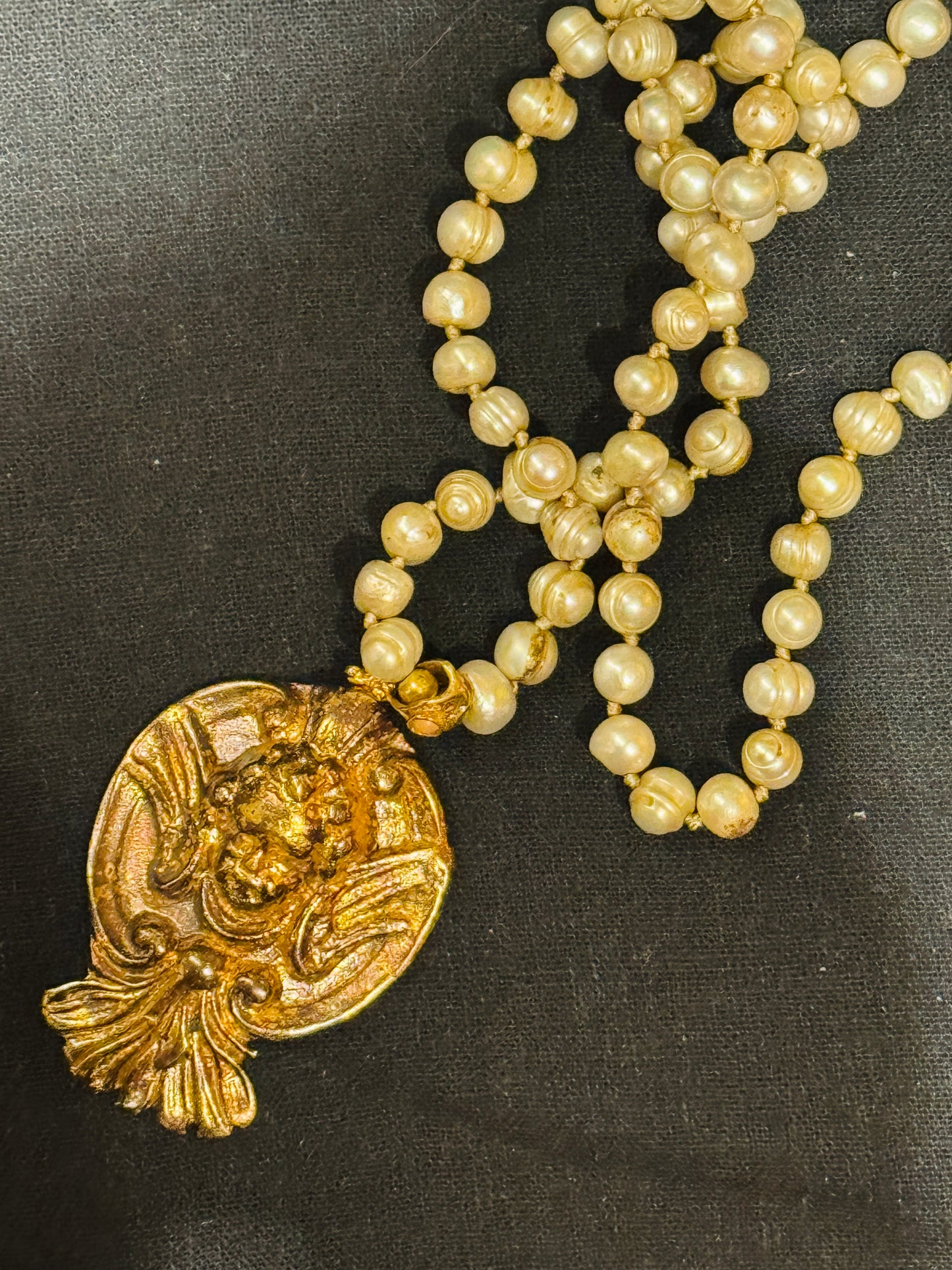 GEM ENCRUSTED BYZANTINE CROSS HAND KNOTTED PEARLS NECKLACE