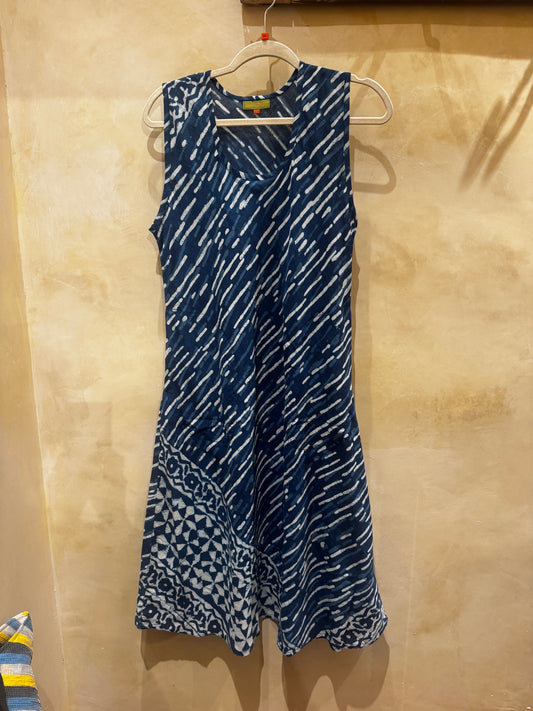 BIAS CUT INDIGO HAND PRINT SLIP DRESS