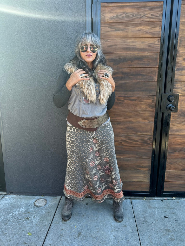 UPCYCLED LEOPARD DENIM SKIRT