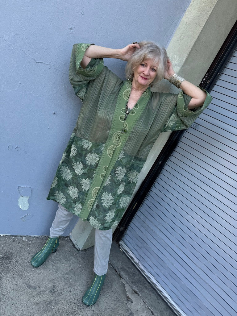 A SWEEP OF SAGE LONG RUBY KIMONO