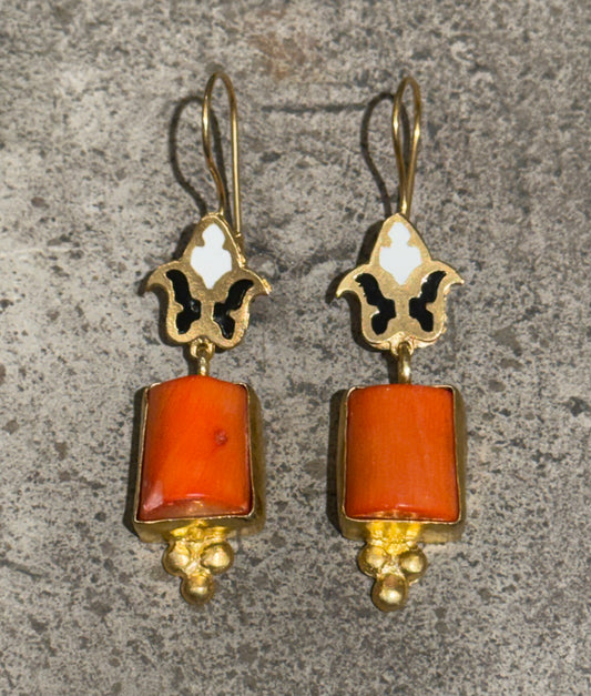 CLOISONNÉ CORAL CHUNK EARRINGS