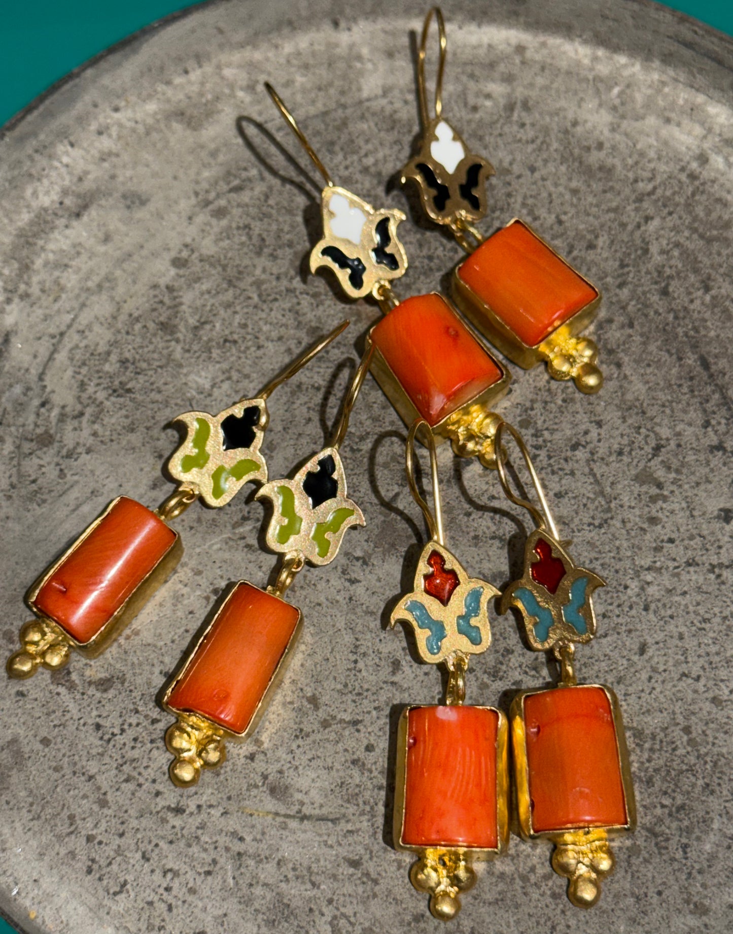 CLOISONNÉ CORAL CHUNK EARRINGS