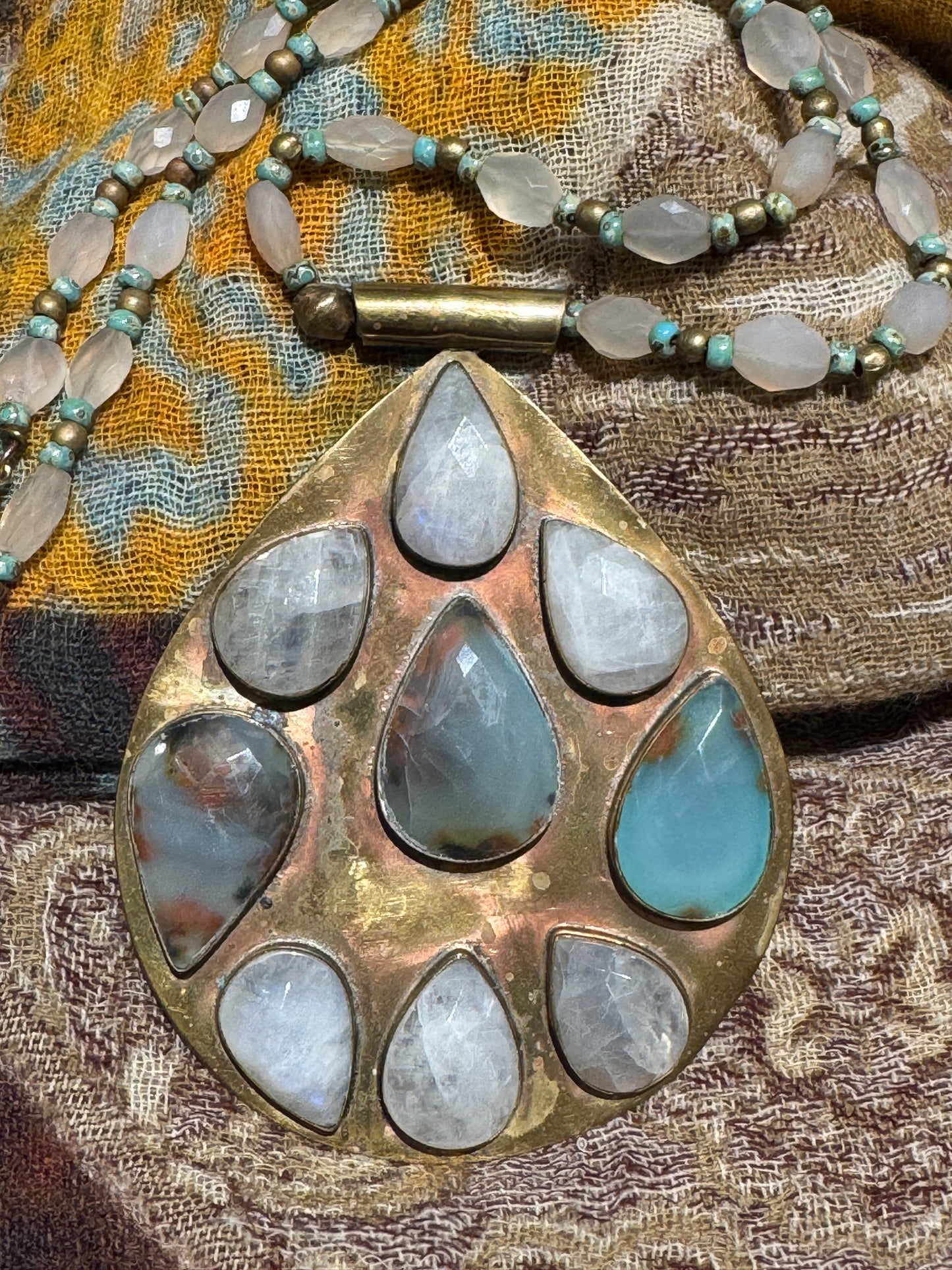 CHALCEDONY MOONSTONE BRASS MEGA TEARDROP NECKLACE