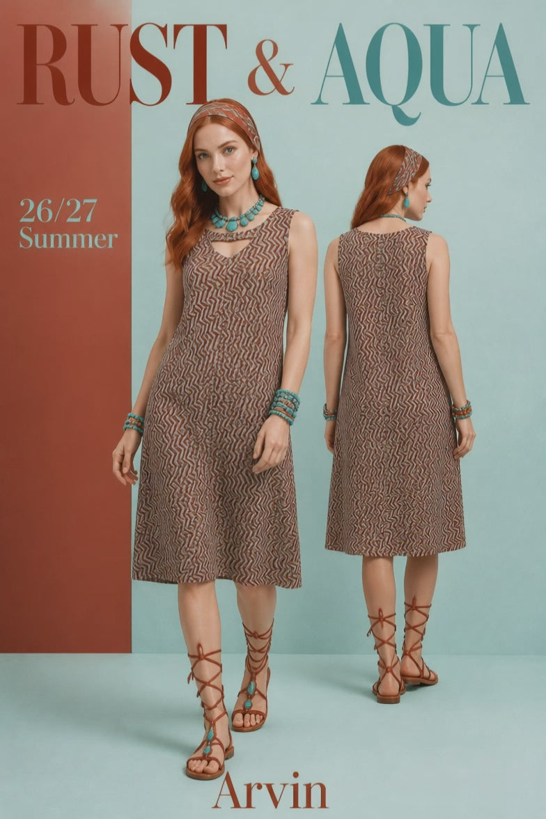 RUST AND GREEN AQUA HERRINGBONE SLIP DRESS – SERRAHNA