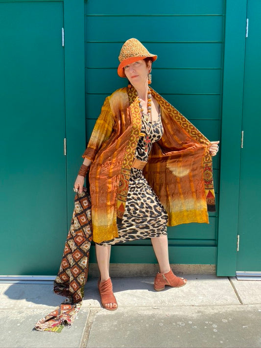 Silk fancy coat rust and honey gold ombre with mirror work and contrast trim Andrea Serrahn Serrahna