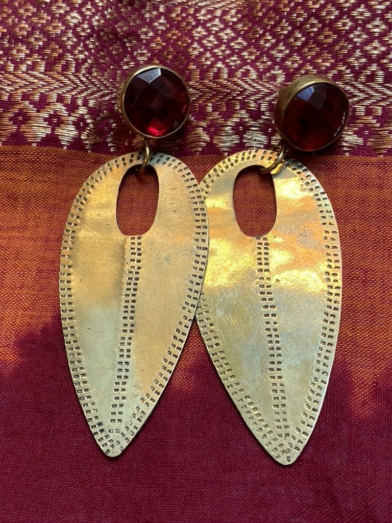 Hand hammered brass long earrings gemstone toppers Andrea Serrahn Serrahna