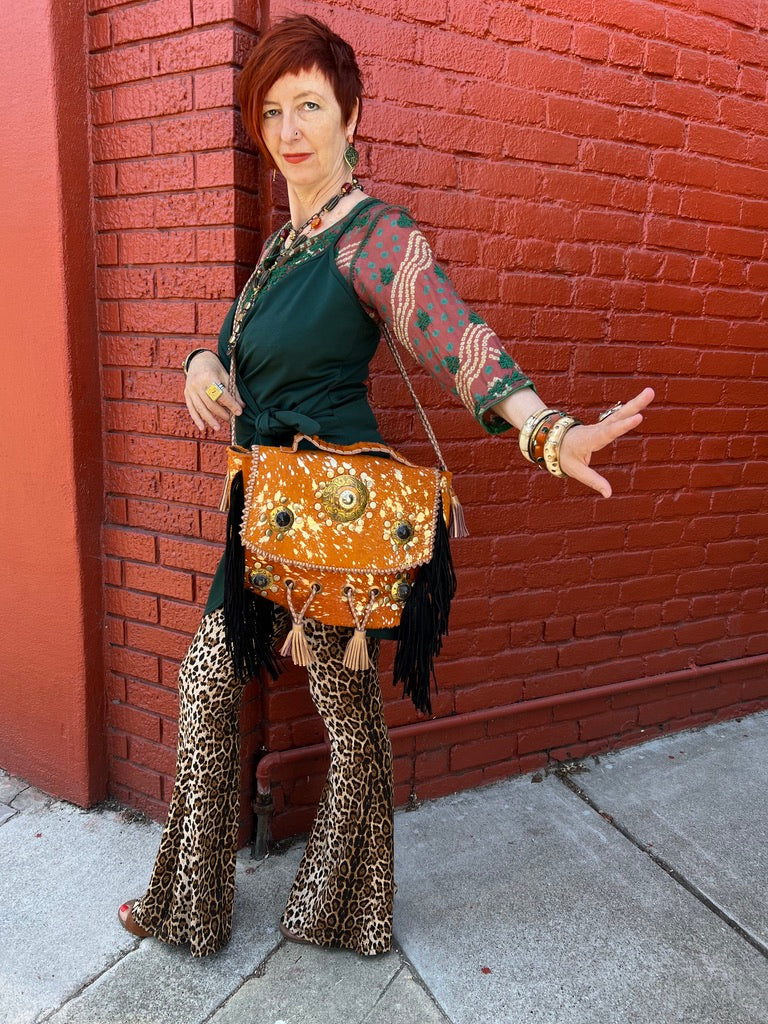 Appaloosa Bag pony hide purse bag leather braided straps mixed metal medallions suede fringe and tassels zip close carry handle briefcase bag Andrea Serrahn Serrahna
