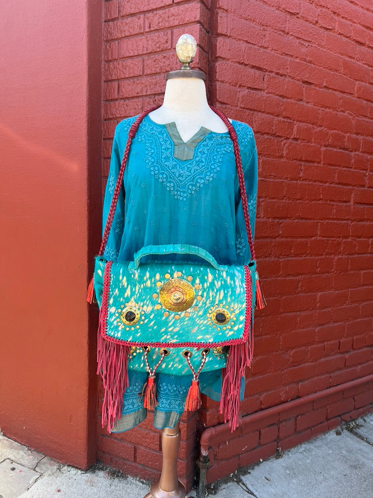 Appaloosa Bag pony hide purse bag leather braided straps mixed metal medallions suede fringe and tassels zip close carry handle briefcase bag Andrea Serrahn Serrahna