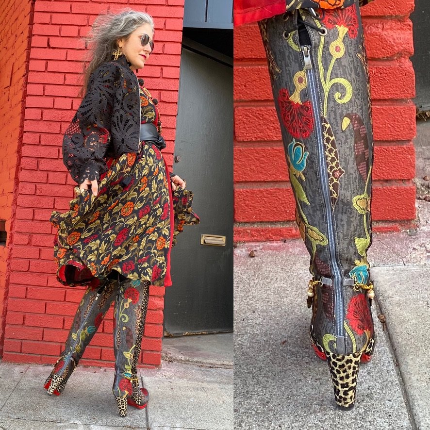 Over the knee leopard textile floral brocade red sole suede cuff boot Andrea Serrahn Serrahna