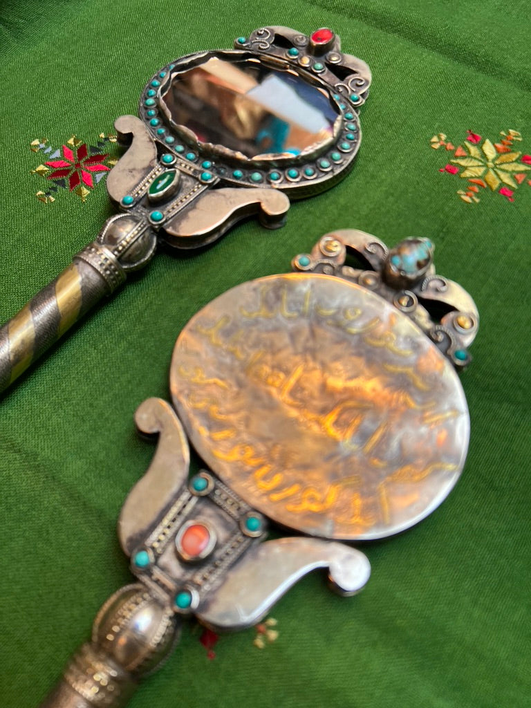 Vintage Turkish Mirrors brass gemstones hand mirror Andrea Serrahn Serrahna