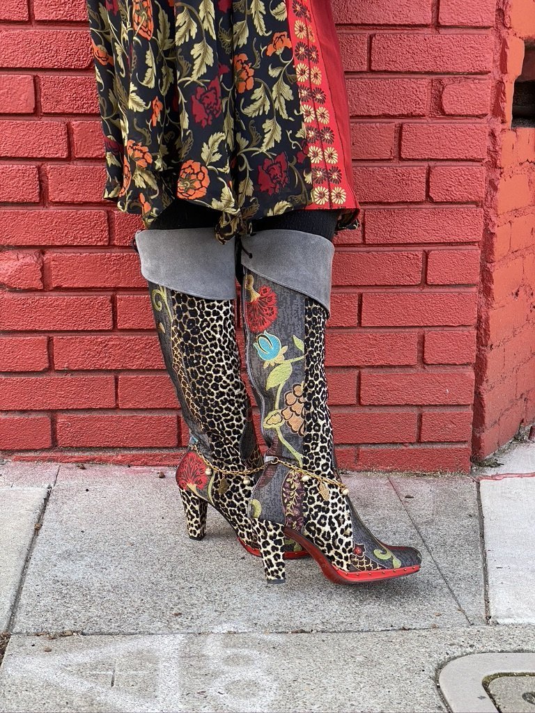 Over the knee leopard textile floral brocade red sole suede cuff boot Andrea Serrahn Serrahna