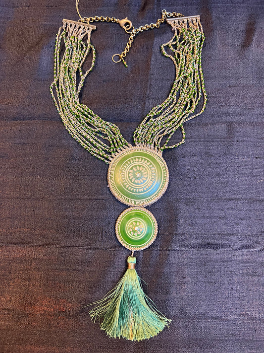 DOUBLE TRIBAL WOODEN BUTTON TASSEL NECKPIECE