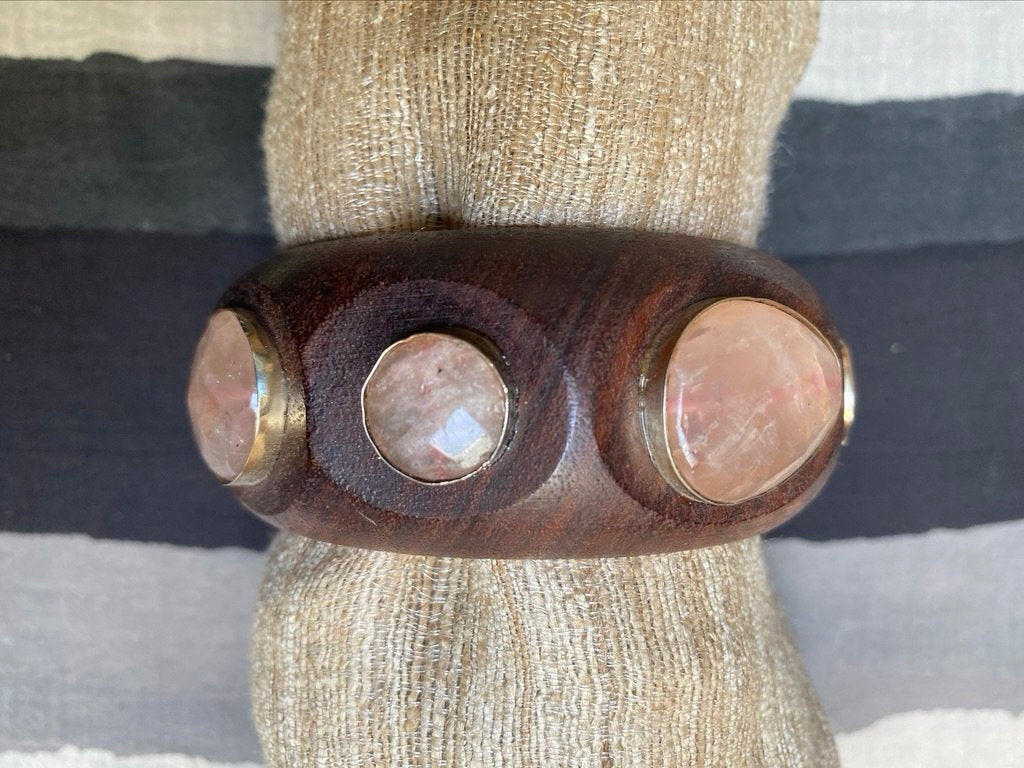 Round oval rose quartz wooden bangle Andrea Serrahn Serrahna