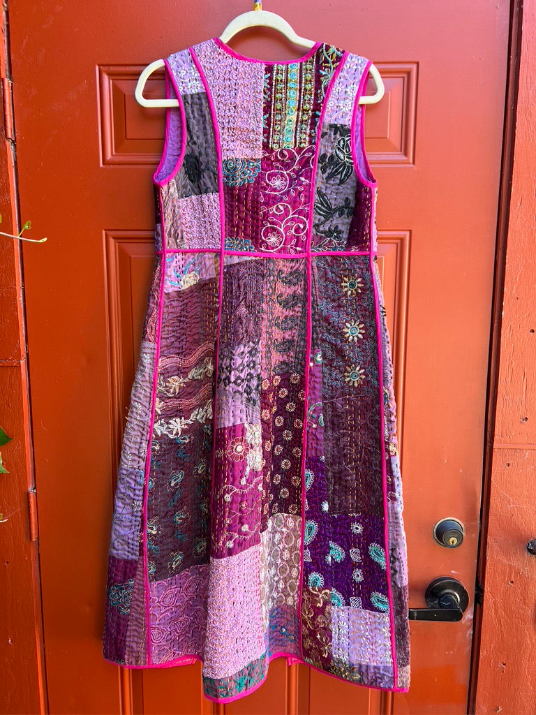 LONG PATCHWORK VEST IN PLUM AND PINK