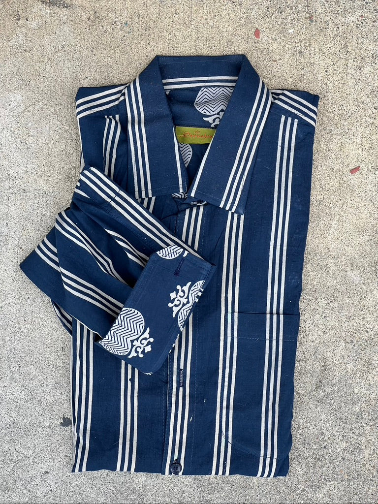 Men's button down collar longsleeve hand block print cotton shirt Andrea Serrahn Serrahna