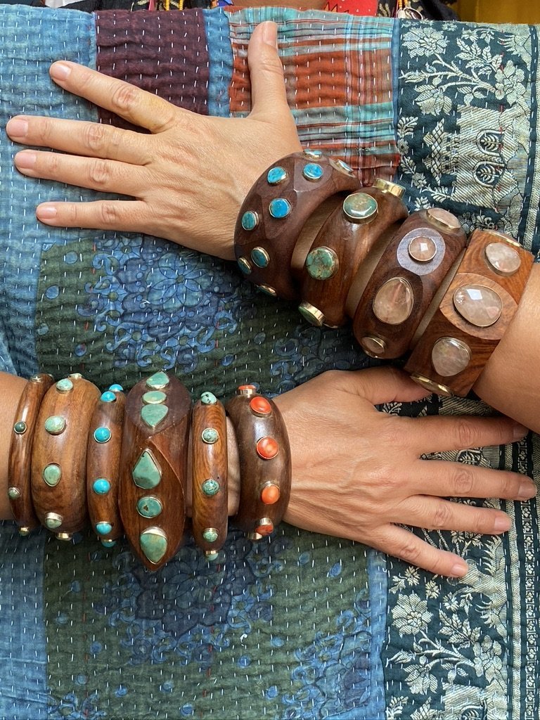 Gemstone wooden bangles turquoise red coral rose quartz bangles Andrea Serrahn Serrahna