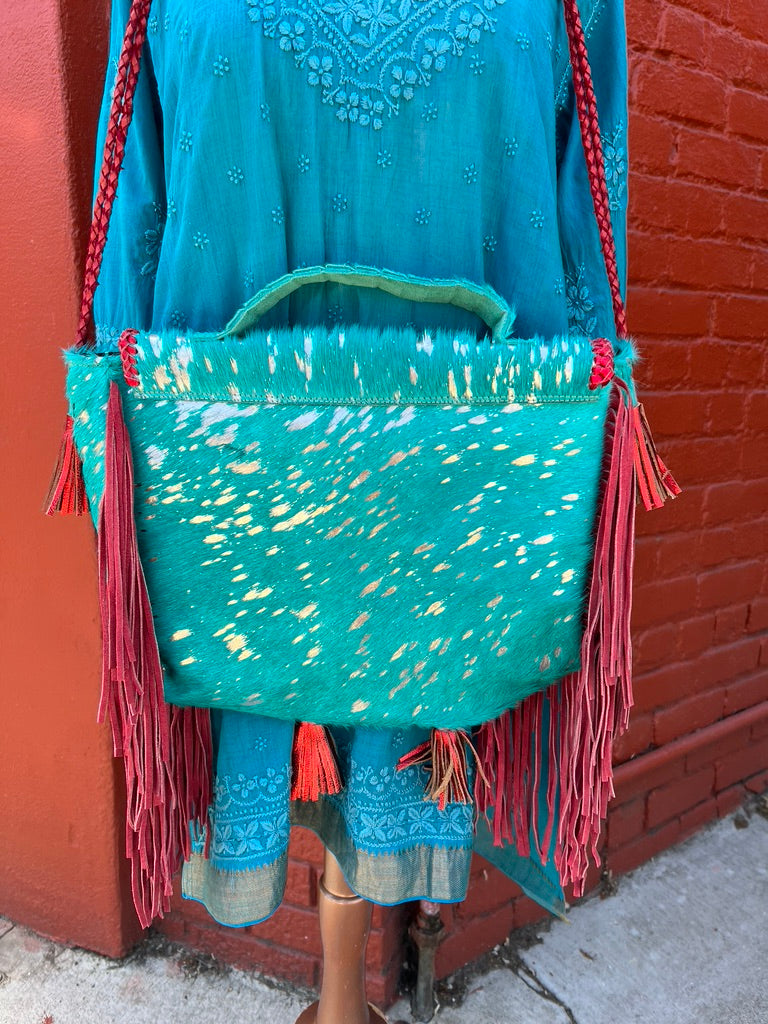 Appaloosa Bag pony hide purse bag leather braided straps mixed metal medallions suede fringe and tassels zip close carry handle briefcase bag Andrea Serrahn Serrahna