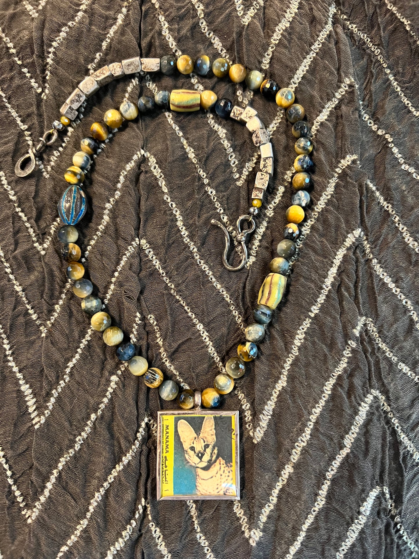 TIGERS EYE NECKLACE & MANAMA CAT POSTAGE PENDANT
