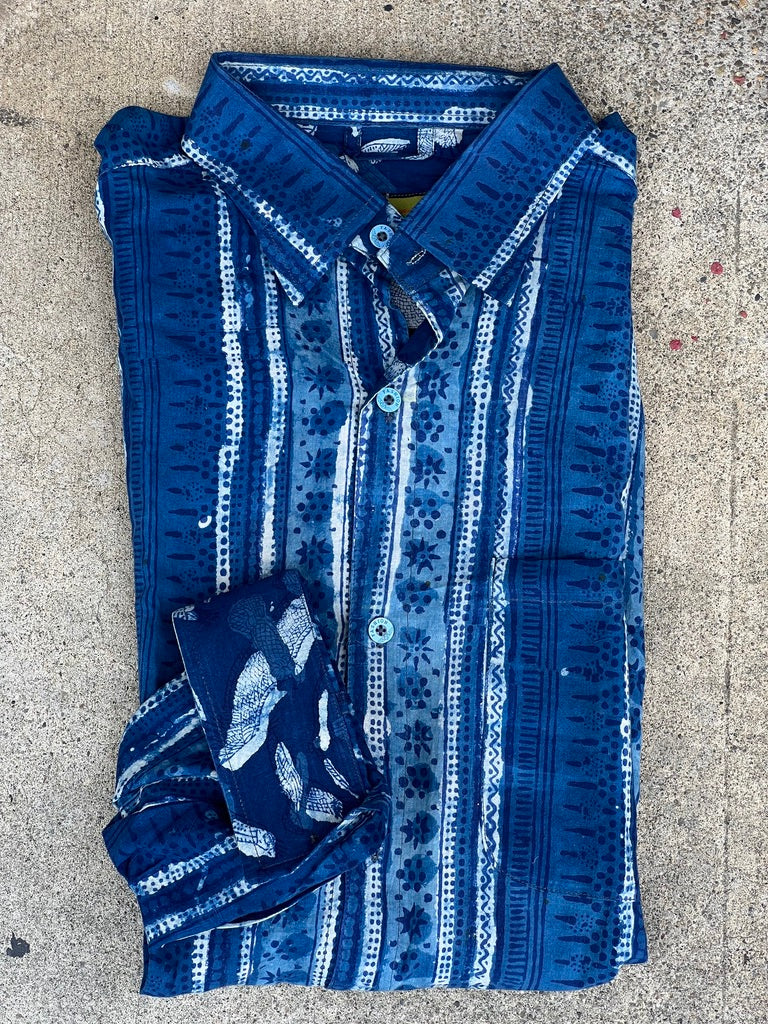 Men's button down collar longsleeve hand block print cotton shirt Andrea Serrahn Serrahna