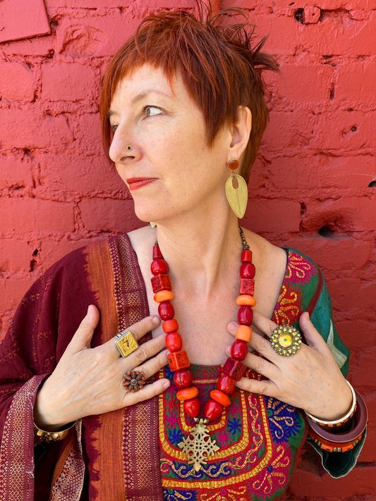 Hand hammered brass long earrings gemstone toppers Andrea Serrahn Serrahna