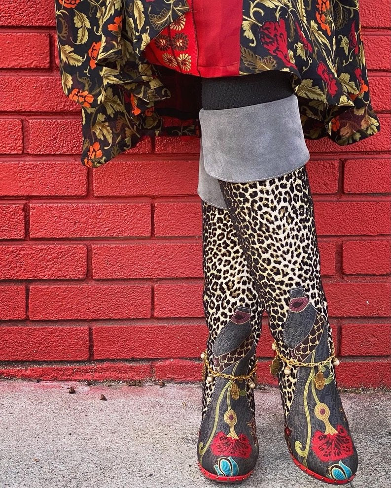 Over the knee leopard textile floral brocade red sole suede cuff boot Andrea Serrahn Serrahna