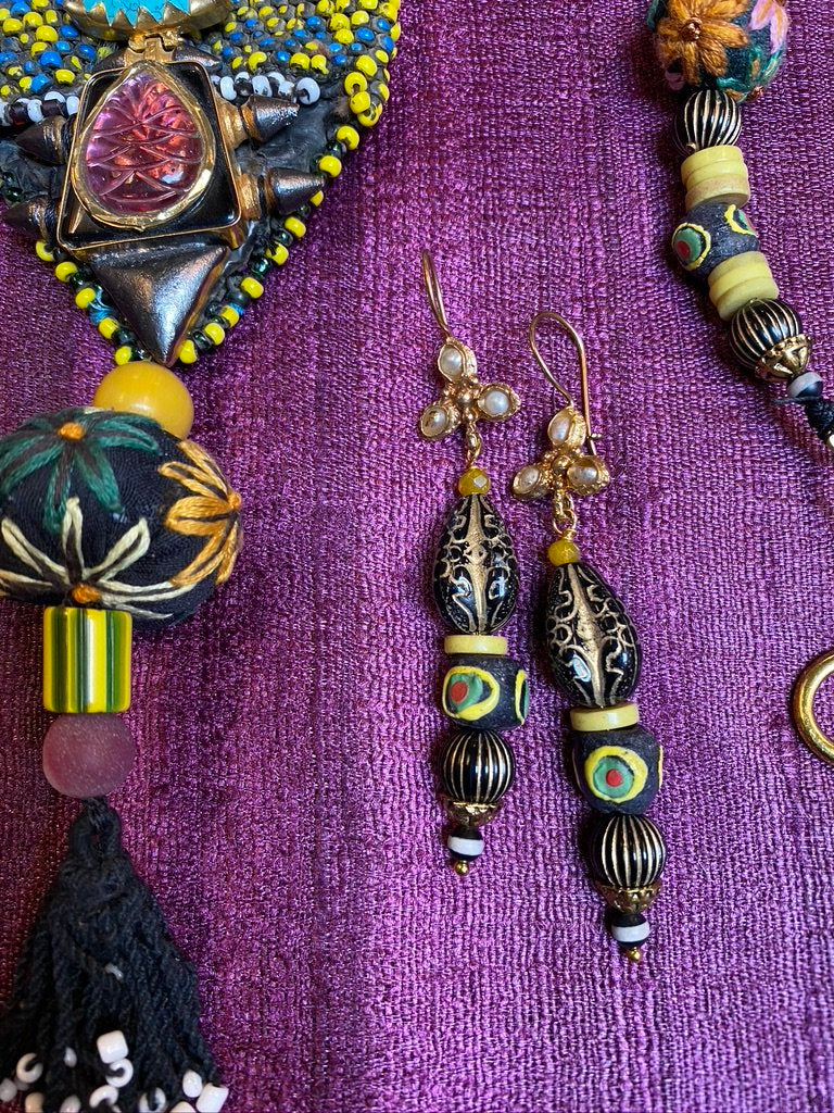 Pearl flower post black and gold resin Nepalese hand rolled ceramic earrings Andrea Serrahn Serrahna