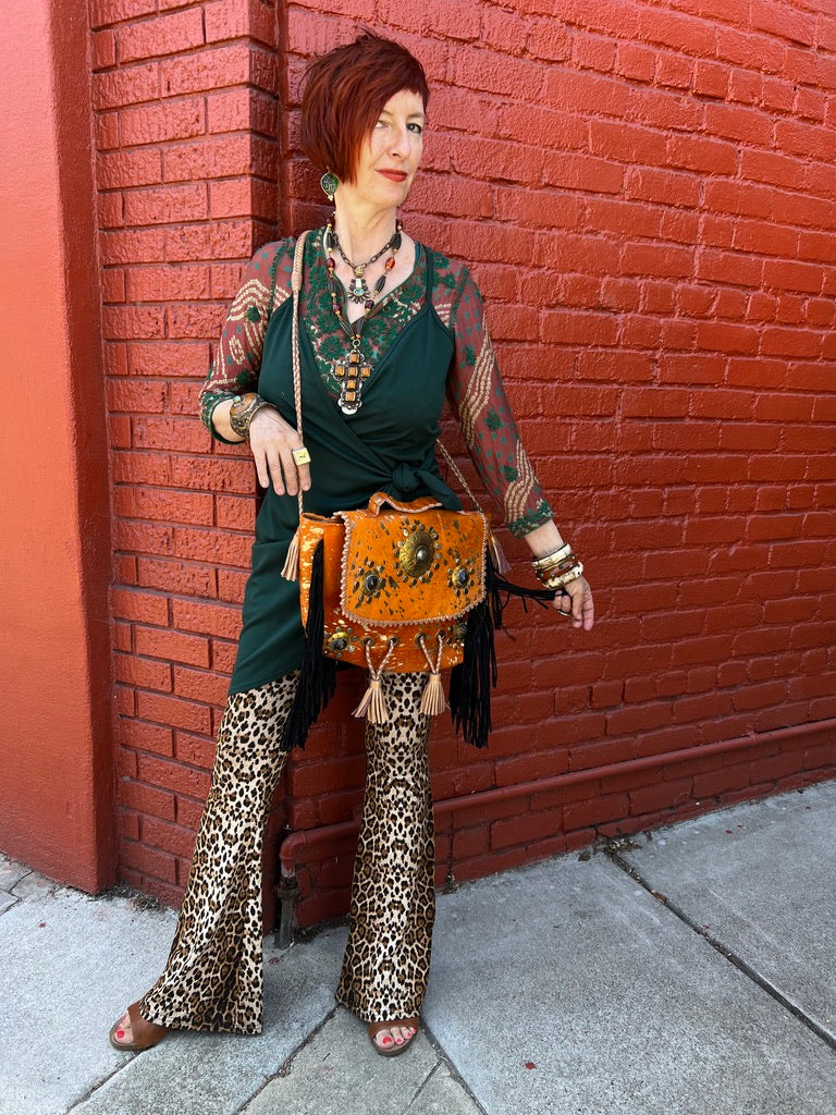 Appaloosa Bag pony hide purse bag leather braided straps mixed metal medallions suede fringe and tassels zip close carry handle briefcase bag Andrea Serrahn Serrahna