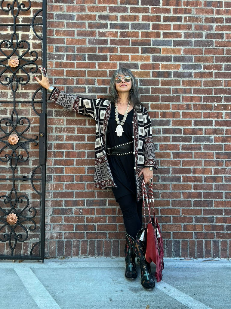 Silver large hamsa necklace peach Moroccan resin beads black & white ceramic marble beads long statement necklace Andrea Serrahn Serrahna