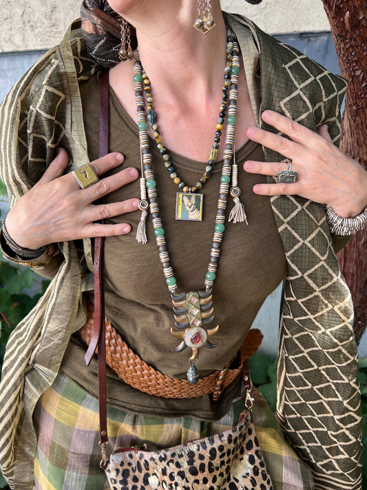 TIGERS EYE NECKLACE & MANAMA CAT POSTAGE PENDANT