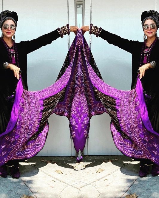 BANDHANI SATIN SILK SHAWL MASTERPIECE IN PURPLE AND BLACK