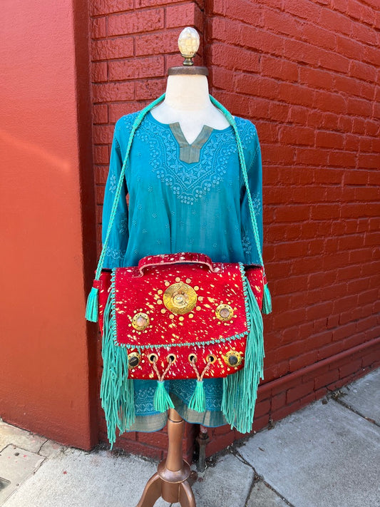 Appaloosa Bag pony hide purse bag leather braided straps mixed metal medallions suede fringe and tassels zip close carry handle briefcase bag Andrea Serrahn Serrahna