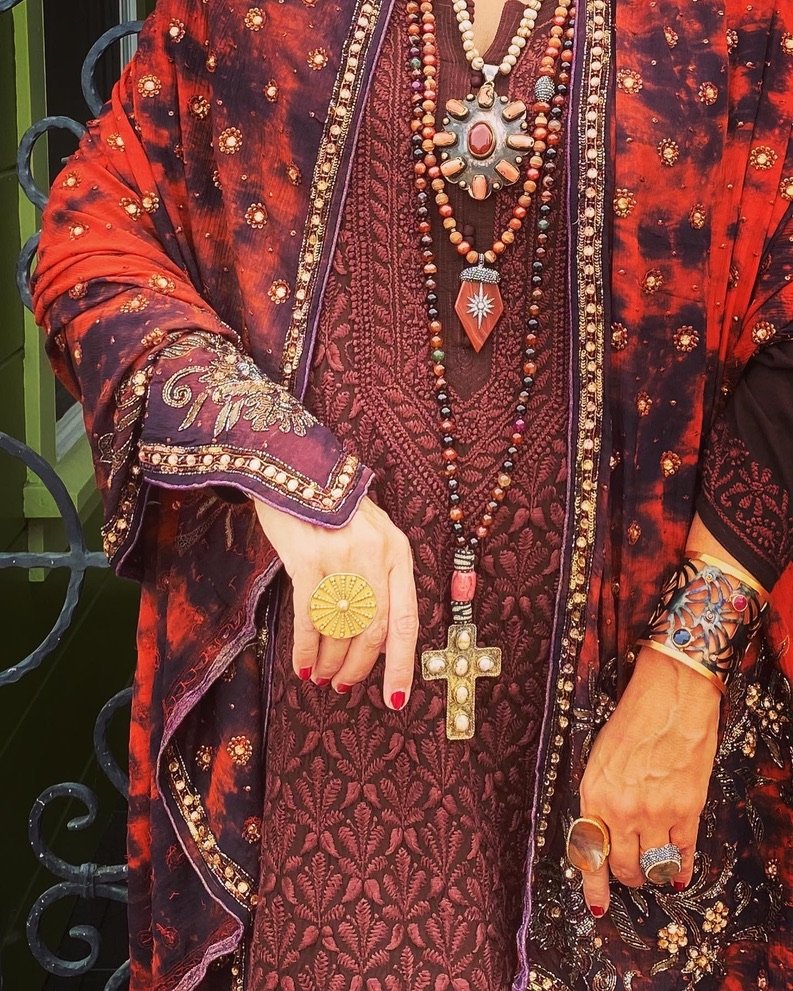 Raj Bling Zena Carnelian Rosary Kurti zardozi shawl Andrea Serrahn Serrahna Coral Carnelian