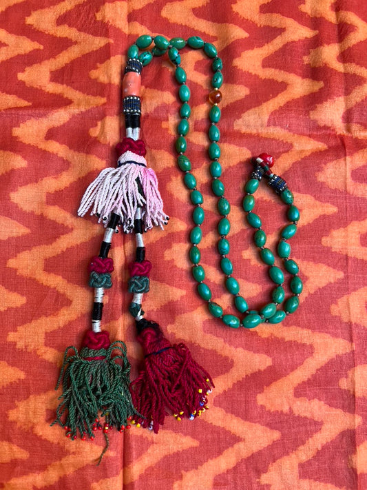 Turquoise bead hand knotted vintage Turkman shell beaded tassels long necklace red coral and carnelian beads Andrea Serrahn Serrahna