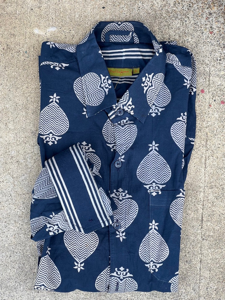 Men's button down collar longsleeve hand block print cotton shirt Andrea Serrahn Serrahna