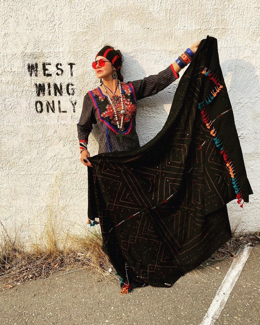 King sized woolen shawl hand loomed hand dyed hand embroidered mirror and tassles Andrea Serrahn Serrahna