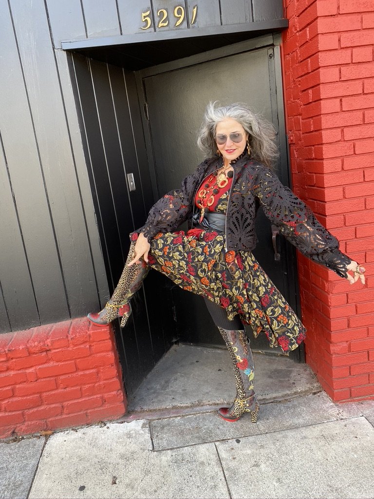 Over the knee leopard textile floral brocade red sole suede cuff boot Andrea Serrahn Serrahna