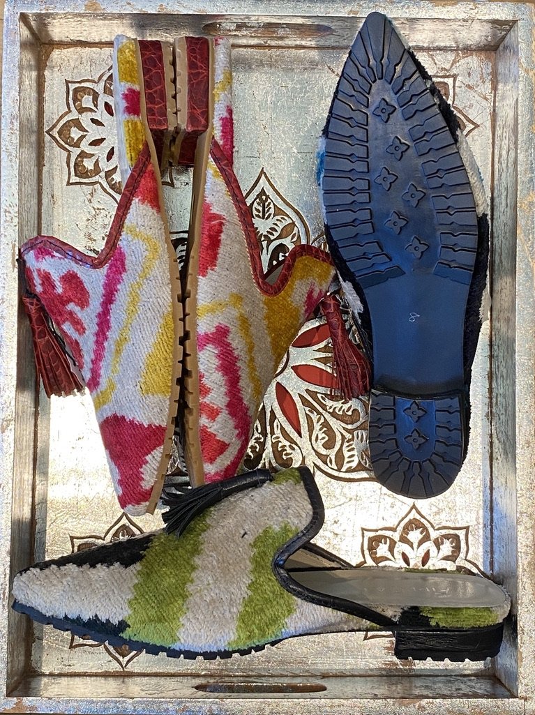 Silk velvet slides tassels Uzbeki Ikat Andrea Serrahn Serrahna