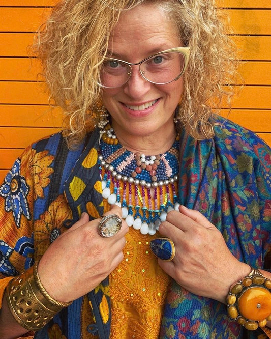 Collar necklace bead embroidery mosaic coral pearls spring textural Andrea Serrahn Serrahna